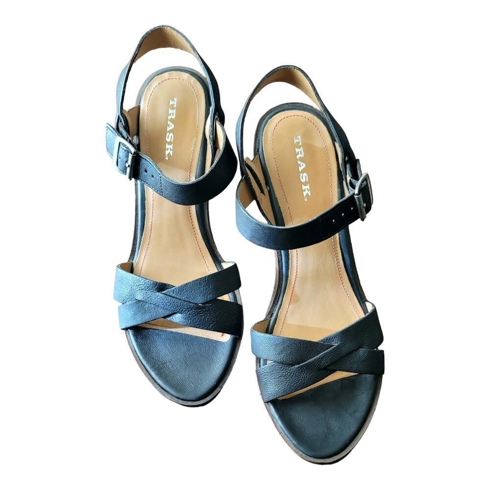 TRASK Summer Black Leather Cone‎ Heel Sandal Size 11M